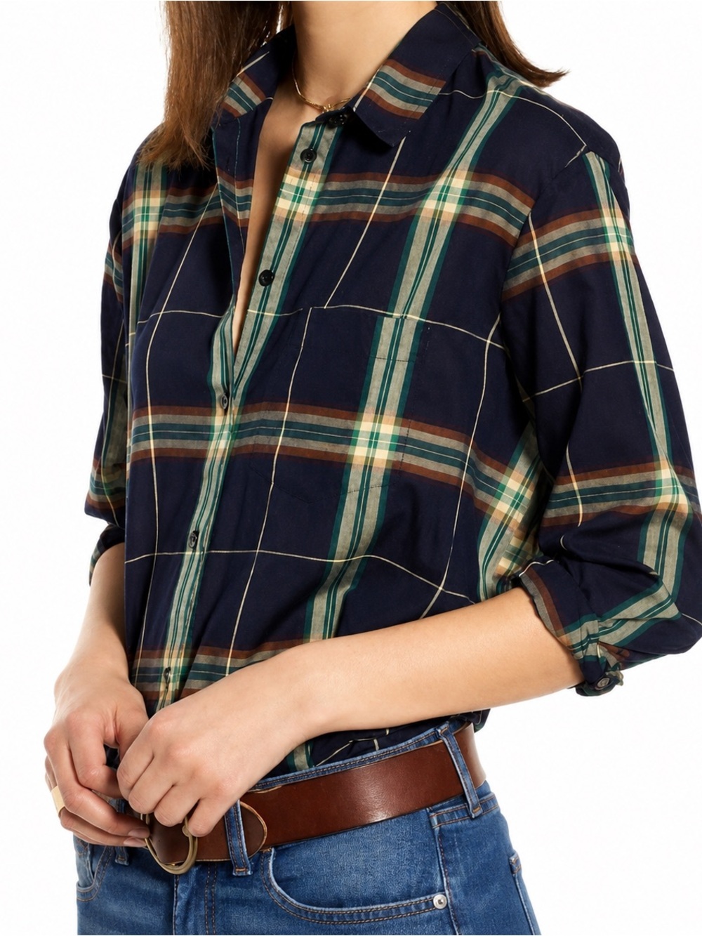 Madewell Navy Plaid Button-Down Shirt with Green & Brown Stripes